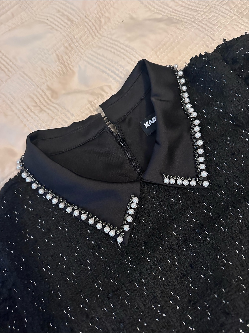 KARL Lagerfeld  Pearl-Trim Black Tweed Dress